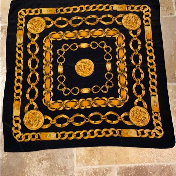 Chanel Paris France Black and Gold Silk Scarf
